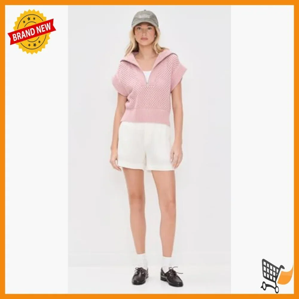 Cropped Half Zip Cotton Sweater, Loose Fit, Short Sleeve Pullover